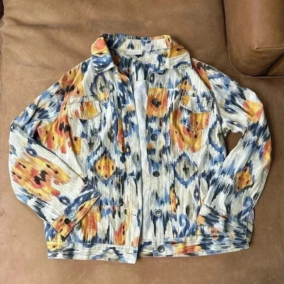 Chico's Sz 2 - Medium Jacket Linen/Cotton Blend Long Sleeve Multi-Color Abstract - Picture 1 of 8